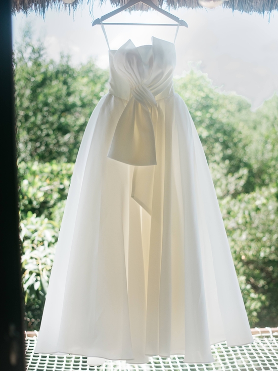 Dresses & Skirts - Elegant Strapless White Satin Wedding Gown with Draped Bow